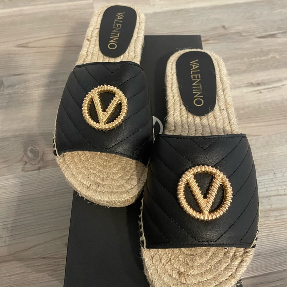M Valentino Black Espadrille Slides